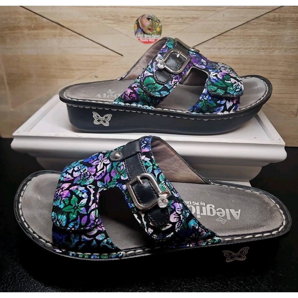 Alegria Peggy Purple Slide Sandal Sz 38 8 Hibiscus Floral Green Fairycore #763